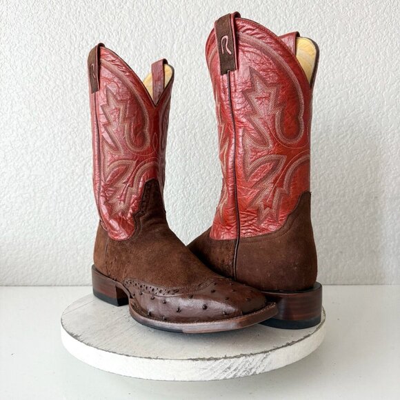 Rod Patrick Mens Cowboy Boots 10.5A Brown Red Suede Ostrich Rough Out Western - Picture 1 of 16